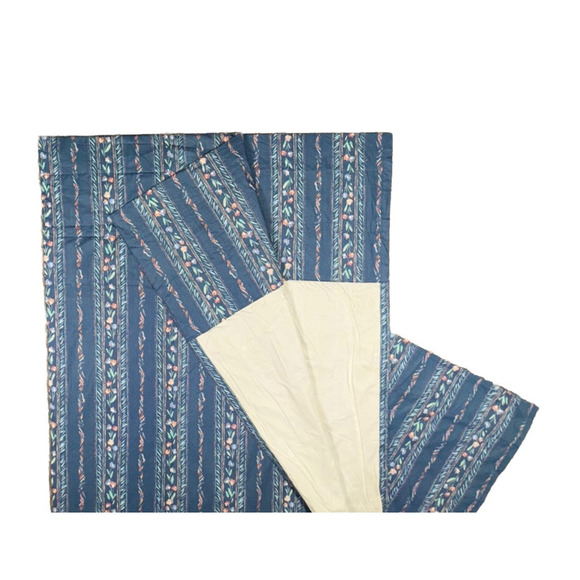 2 Vintage Custom Made Curtains Panels Extra Wide Blue Petit Floral Stripe 91Long - Picture 5 of 7